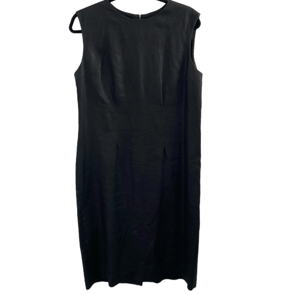Vintage 100% Linen Liz Claiborne LBD black sheath classic sleeveless midi dress